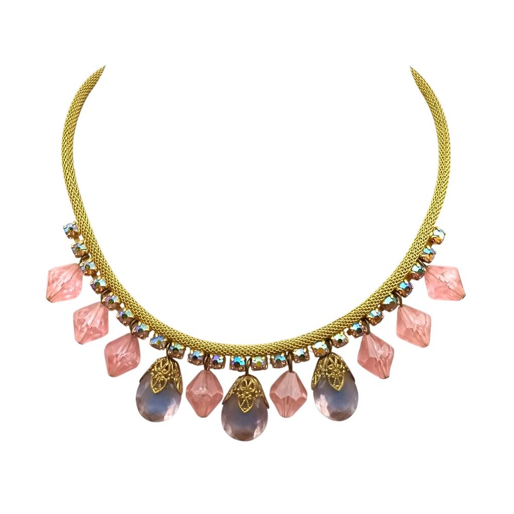 Vintage Juliana Stunning Mesh Choker Necklace, Gold Tone with Pink Crystal Dangl